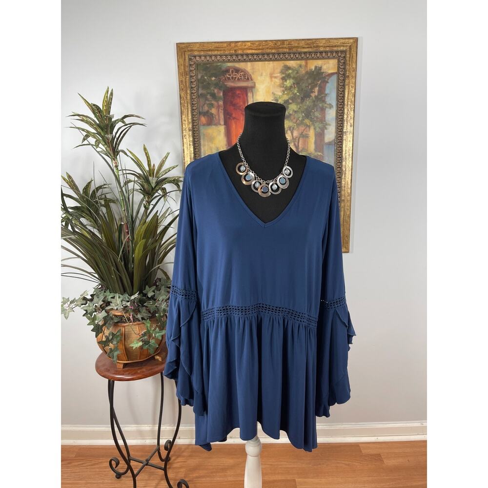 New Directions Tunic Top Womens 2X Blue Ruffle Hem V Neck Minimalist Earthy